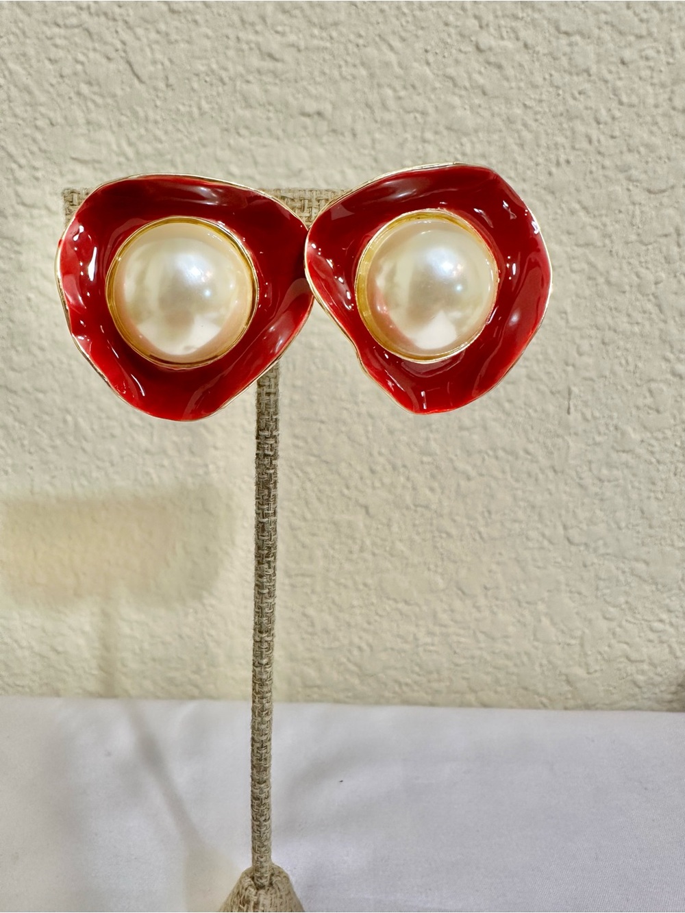 Vintage Classic Gold Plated Red Enamel and Pearl Center Earrings